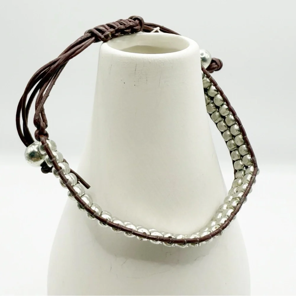 Brown Faux Leather Wrap Bracelet Silver Beads